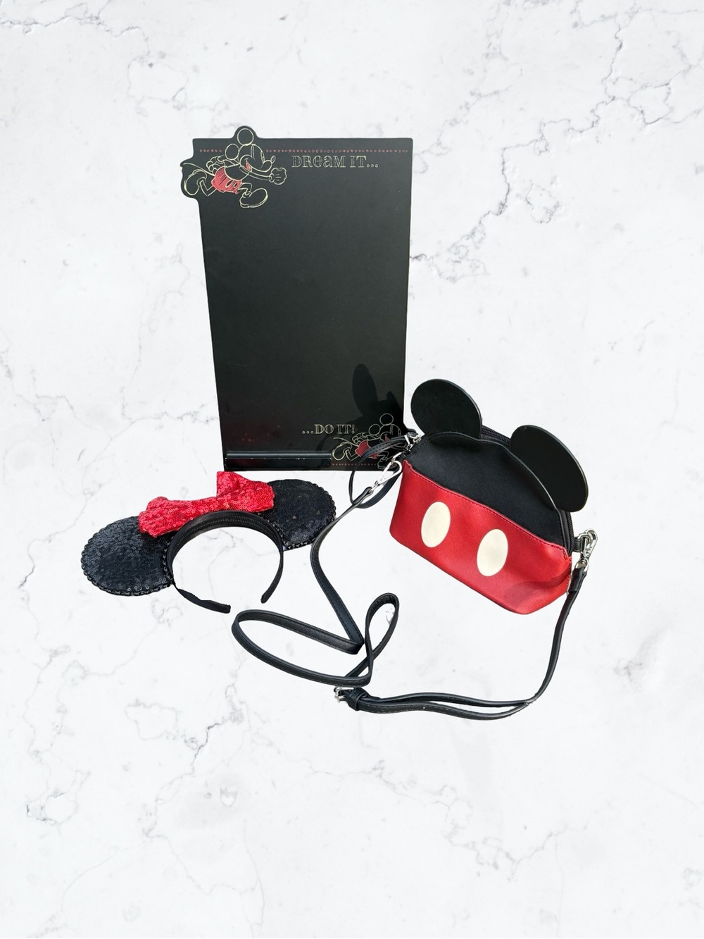 Disney Bundle Red Black Mickey Crossbody Bag Hallmark Chalk Board Mickey Ears